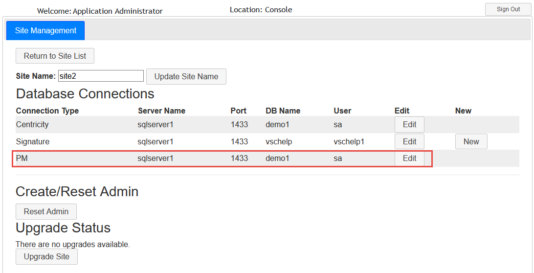 Edit cps pm database connection screen